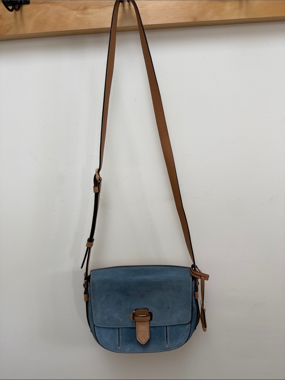 Michael Kors Blue Suede Crossbody with Tan Leather Trim